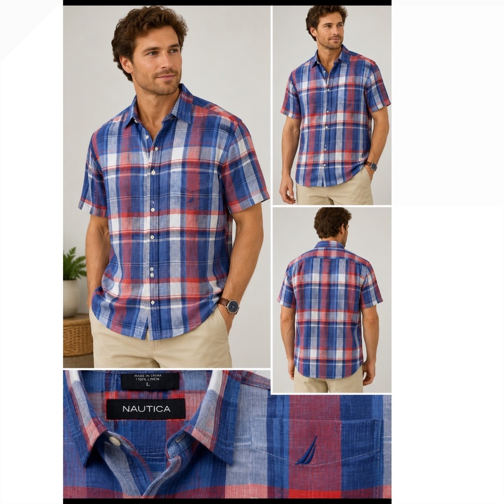 Nautica Men Large 100% Linen Short Sleeve Button Down Plaid Shirt Blue Red White